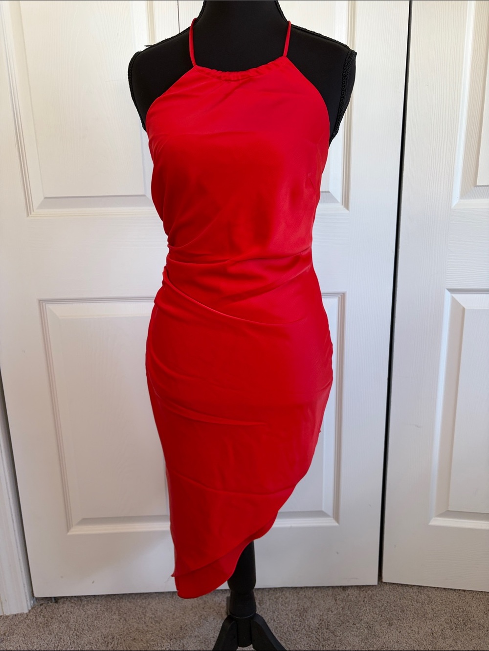 Nookie Gypsy Red Satin Asymmetric Halter Dress Side Ruching XS NWT Cocktail Hoco